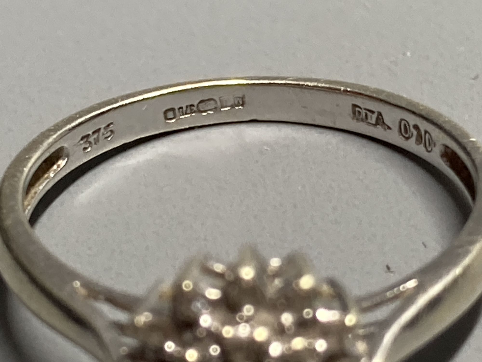 A modern 9ct white gold and diamond cluster ring, size M/N, gross 2 grams.